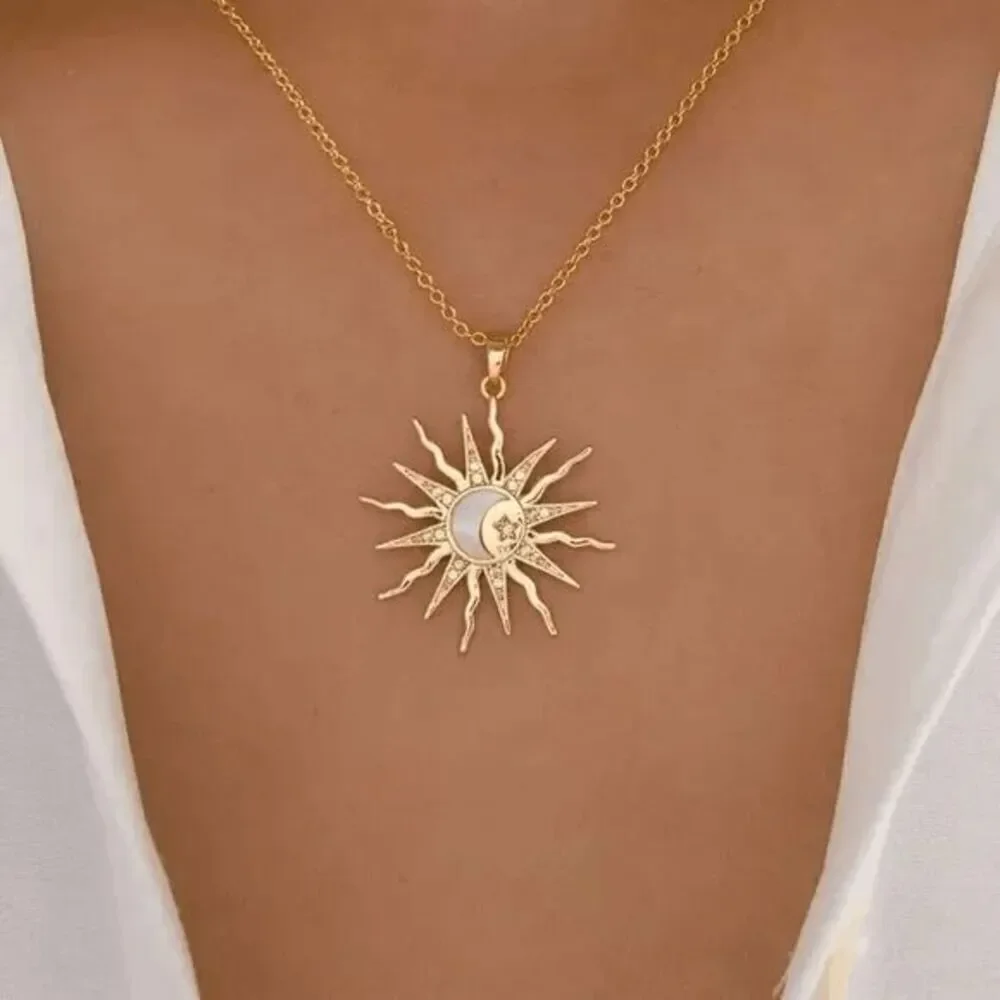 Boho Sun Moon Star Diamond Gold Pendant Necklace